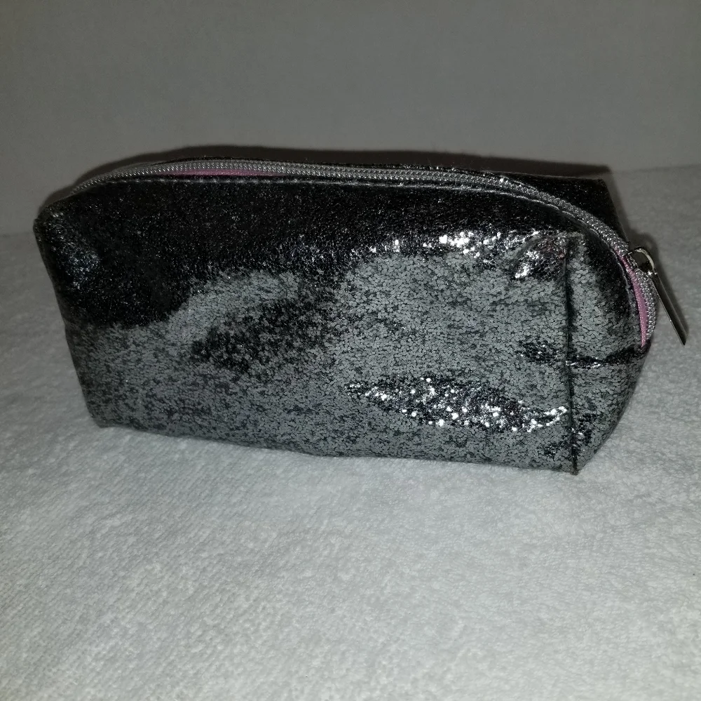 Glittery Silver Zippered Cosmetic Pouch Pink Inside